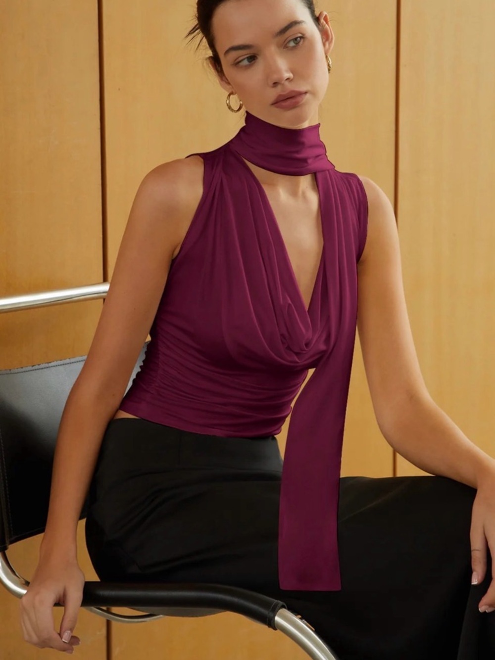 Commense burgundy Draped Sleeveless Top with Neck Scarf